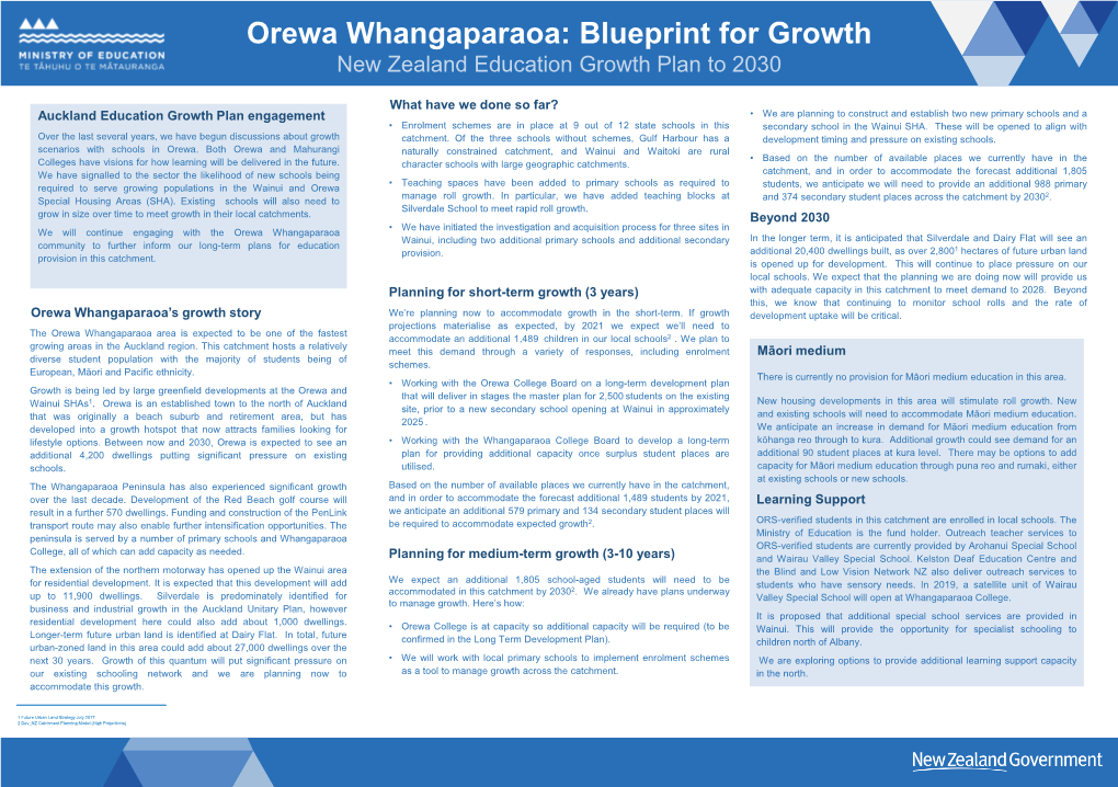 Orewa Whangaparaoa: Blueprint for Growth New Zealand Education Growth Plan to 2030
