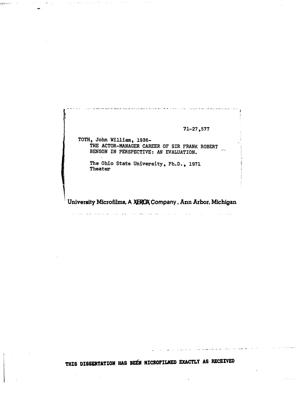 The Actor-Manager Career of Sir Frank Robert Benson in Perspective: an Evaluation