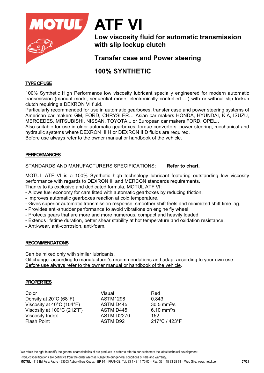 ATF VI Low Viscosity Fluid for Automatic Transmission with Slip Lockup Clutch