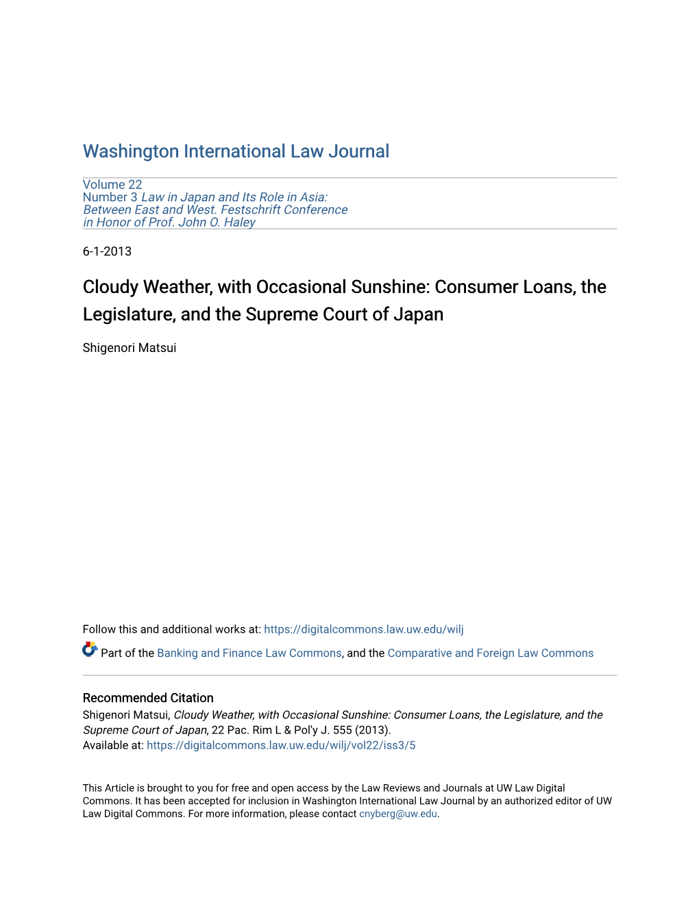 Consumer Loans, the Legislature, and the Supreme Court of Japan