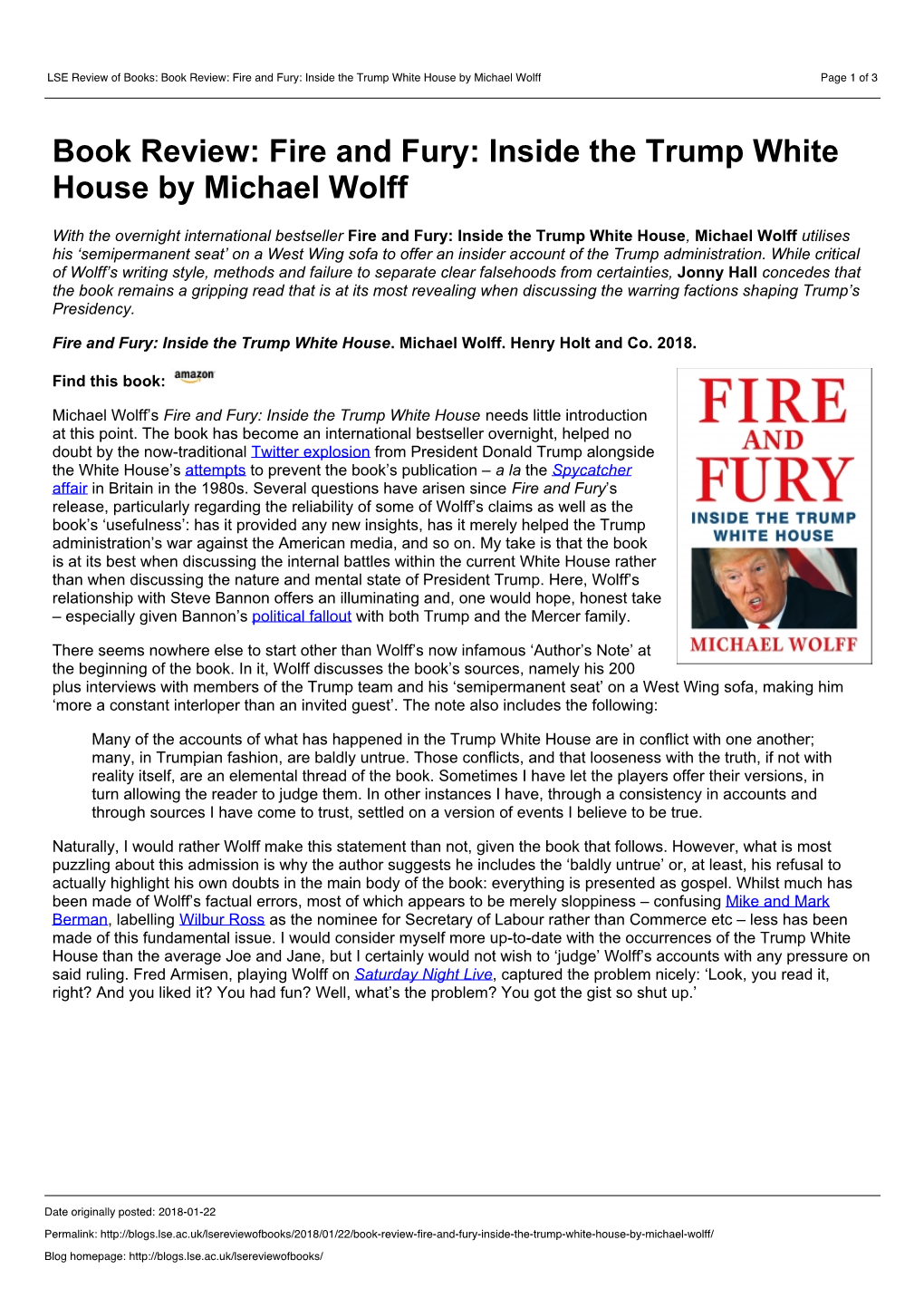 Book Review: Fire and Fury: Inside the Trump White House by Michael Wolff Page 1 of 3