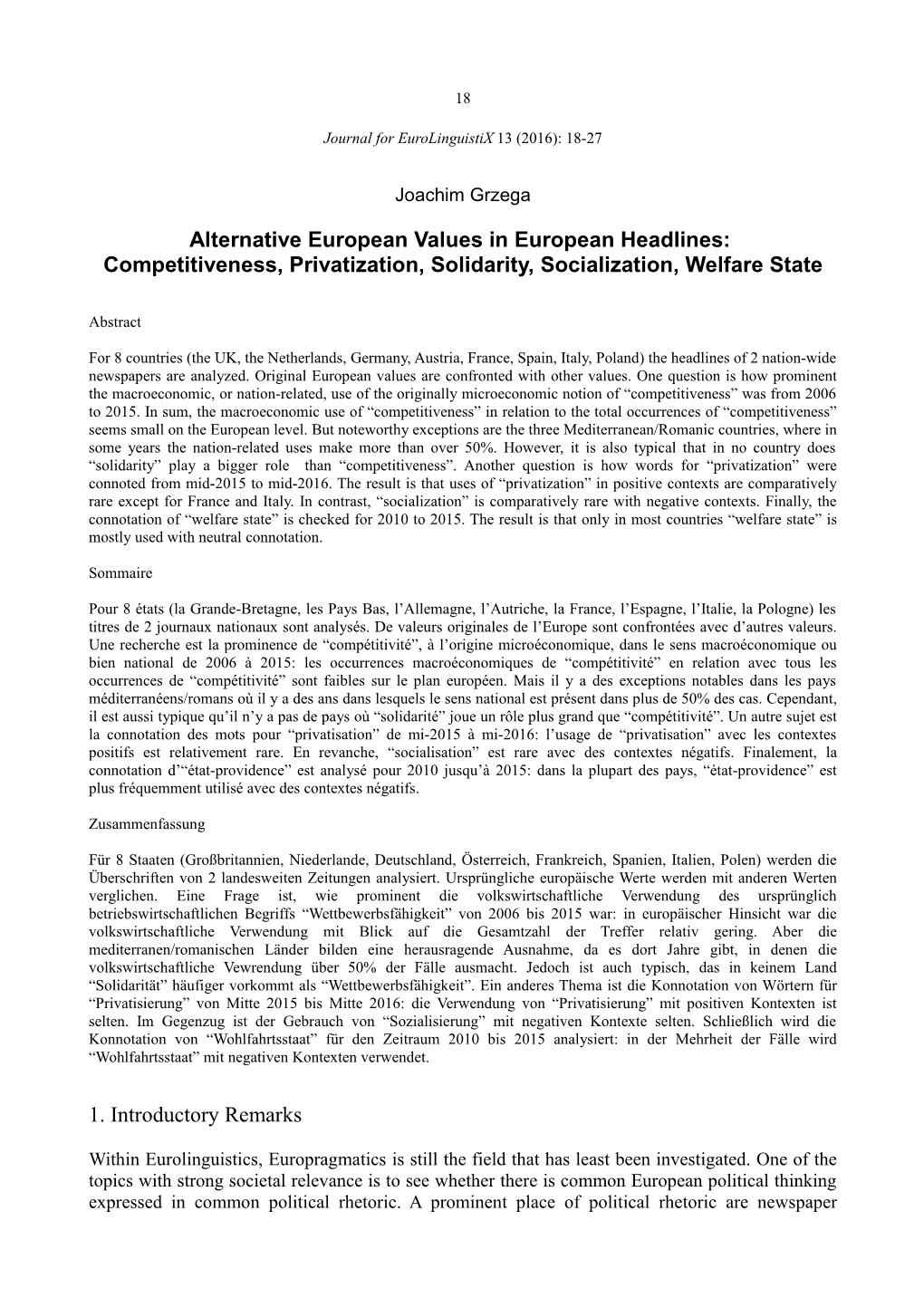 Alternative European Values in European Headlines: Competitiveness, Privatization, Solidarity, Socialization, Welfare State