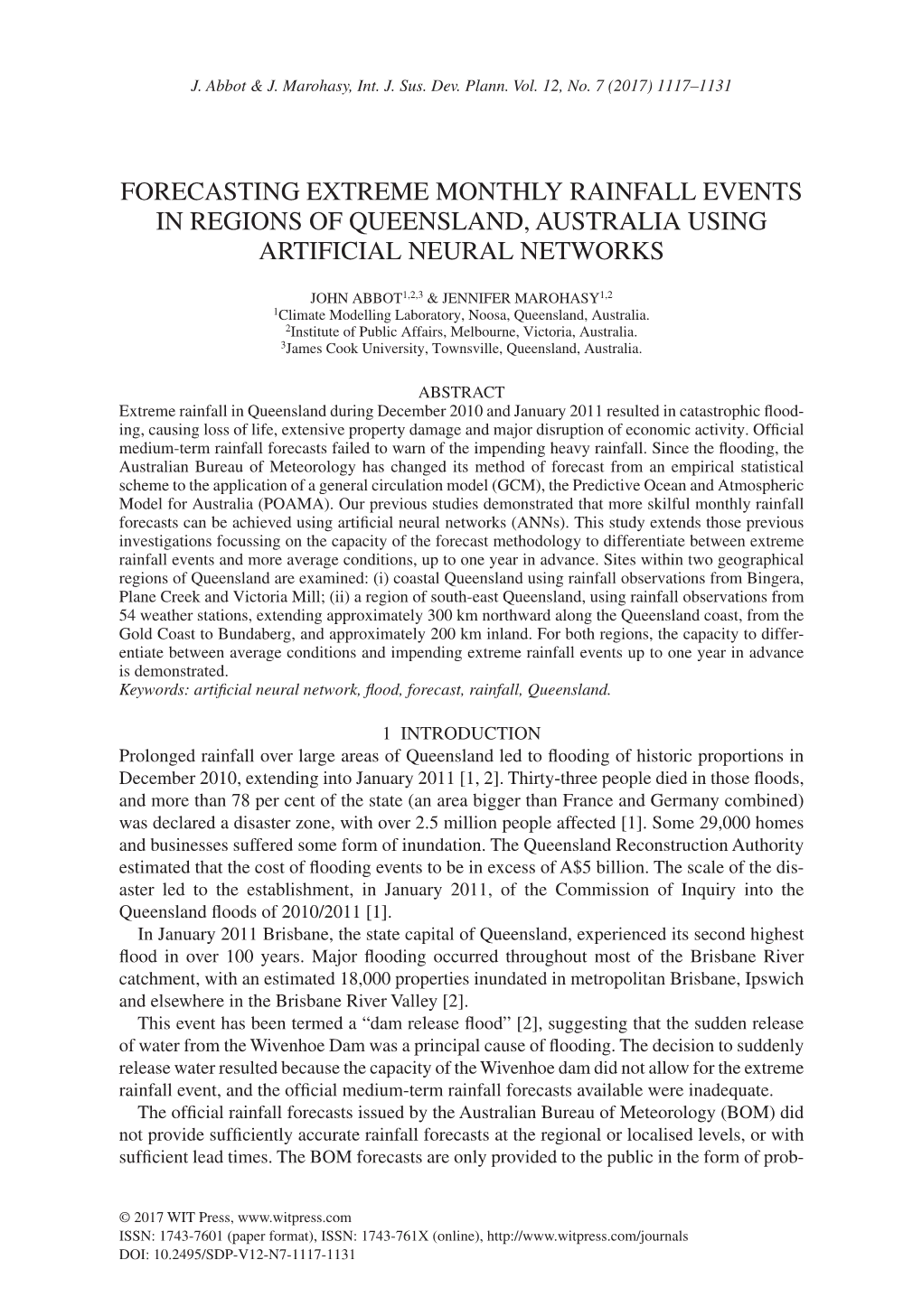 Forecasting Extreme Monthly Rainfall Events in Regions of Queensland, Australia Using Artificial Neural Networks