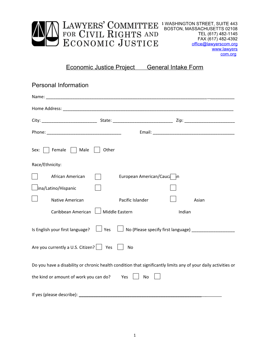 Economic Justice Project General Intake Form