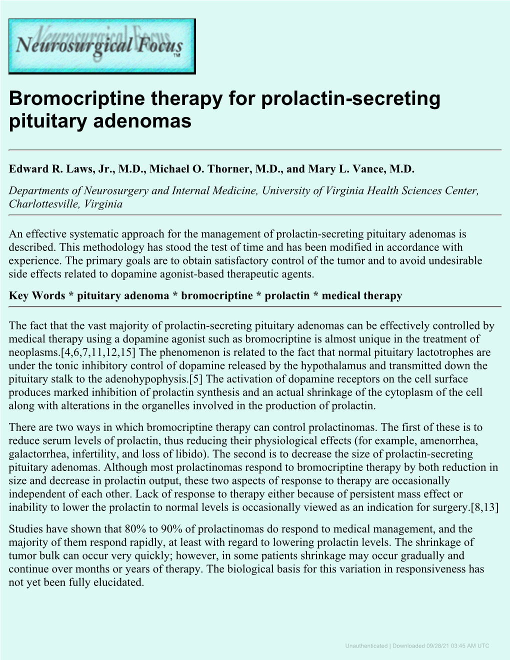 Bromocriptine Therapy for Prolactin-Secreting Pituitary Adenomas