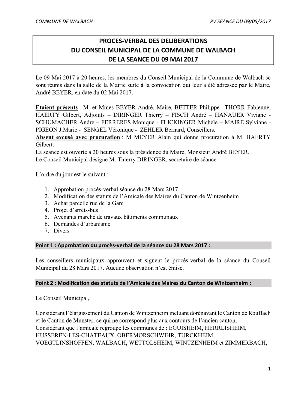 Proces-Verbal Des Deliberations Du Conseil Municipal De La Commune De Walbach De La Seance Du 09 Mai 2017