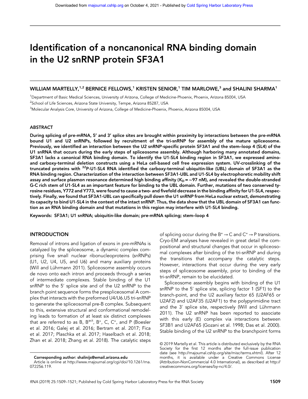 Identification of a Noncanonical RNA Binding Domain in the U2 Snrnp Protein SF3A1