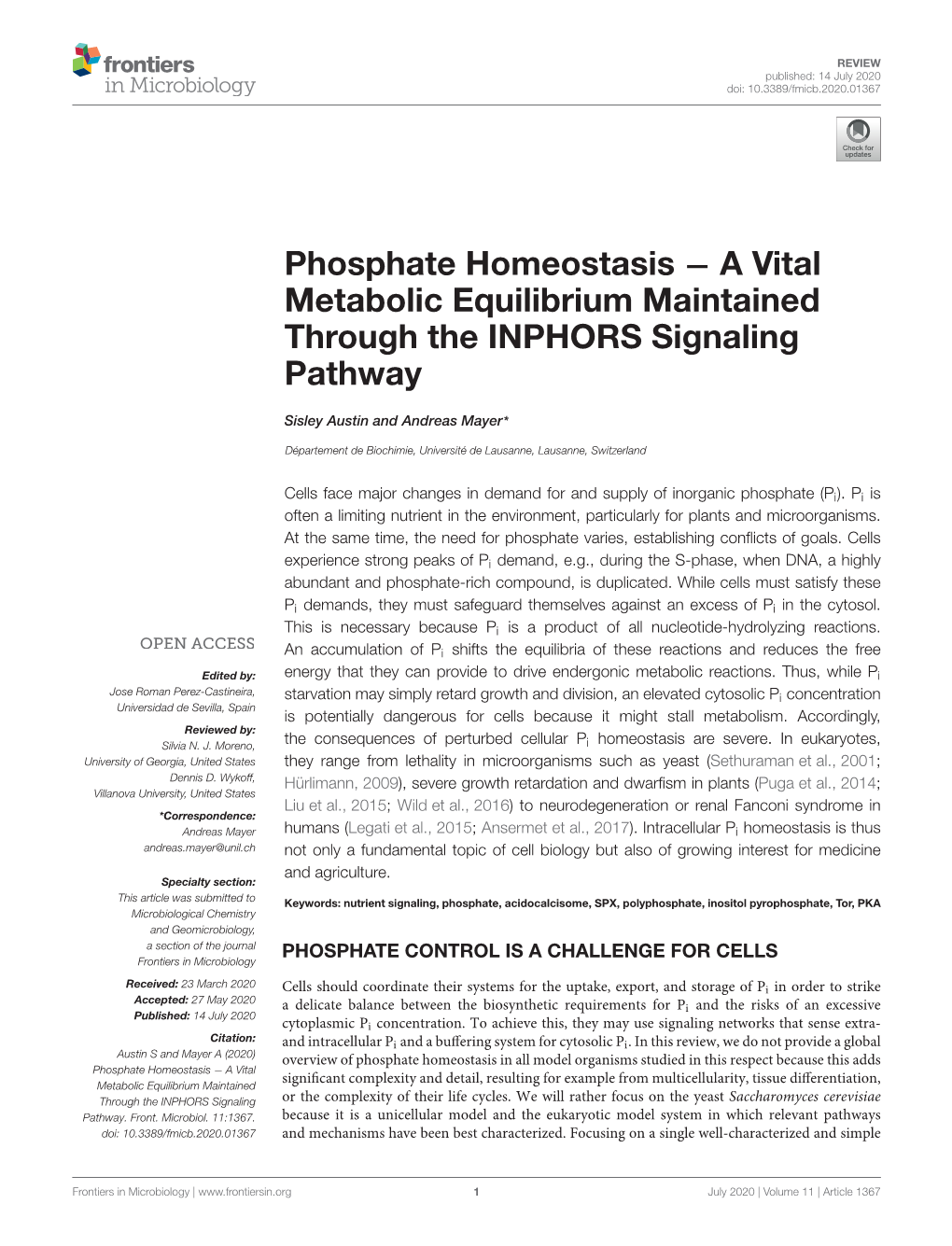 Phosphate Homeostasis − a Vital Metabolic Equilibrium Maintained Through the INPHORS Signaling Pathway