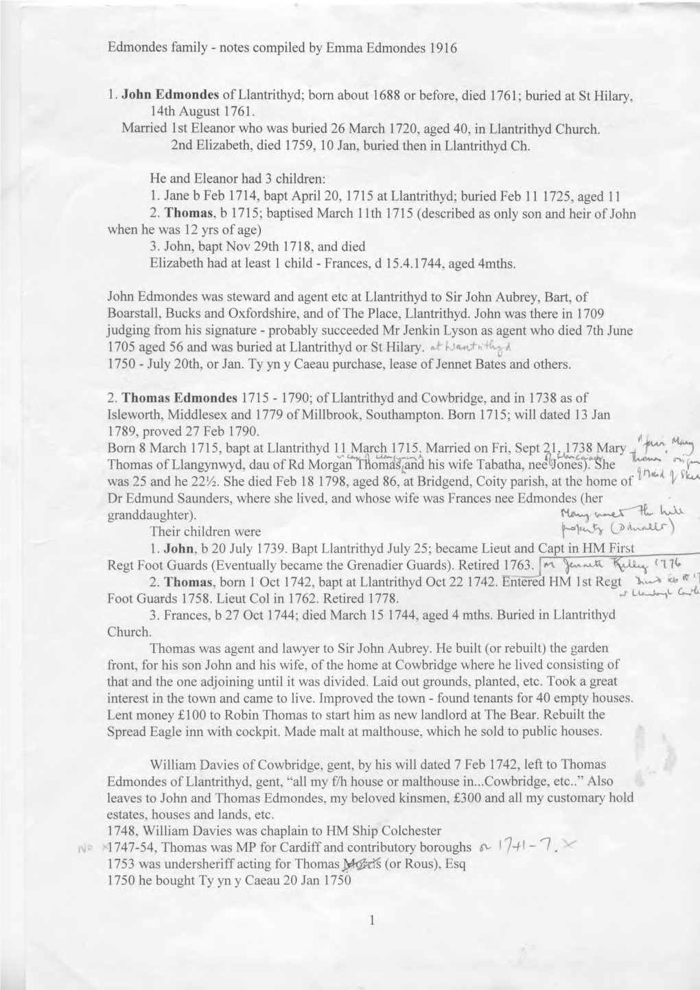 Notes Compiled by Emma Edmondes 1916 1. John Edmondes Of