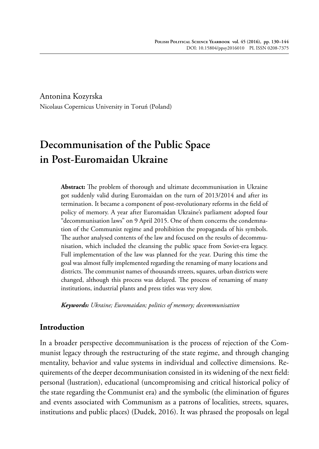 Decommunisation of the Public Space in Post-Euromaidan Ukraine