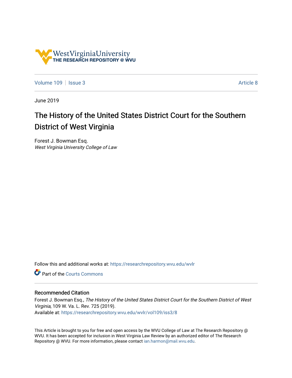 The History of the United States District Court for the Southern District of West Virginia