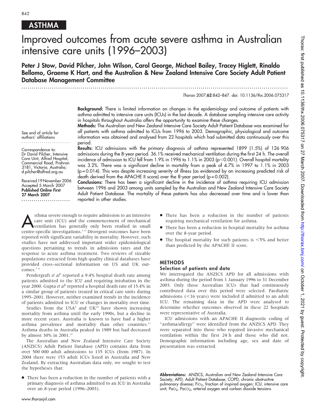 Improved Outcomes from Acute Severe Asthma in Australian Thorax: First Published As 10.1136/Thx.2006.075317 on 27 March 2007