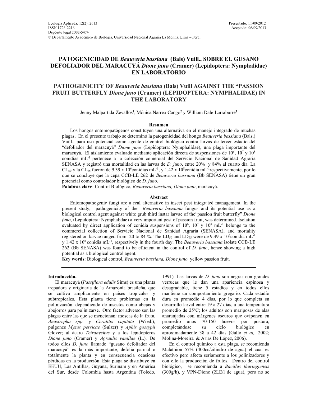 PATOGENICIDAD DE Beauveria Bassiana (Bals) Vuill., SOBRE EL GUSANO DEFOLIADOR DEL MARACUYÁ Dione Juno (Cramer) (Lepidoptera: Nymphalidae) EN LABORATORIO