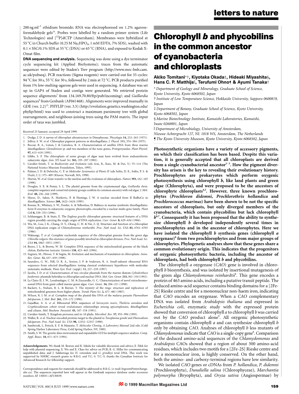 Chlorophyll B and Phycobilins in the Common Ancestor of Cyanobacteria