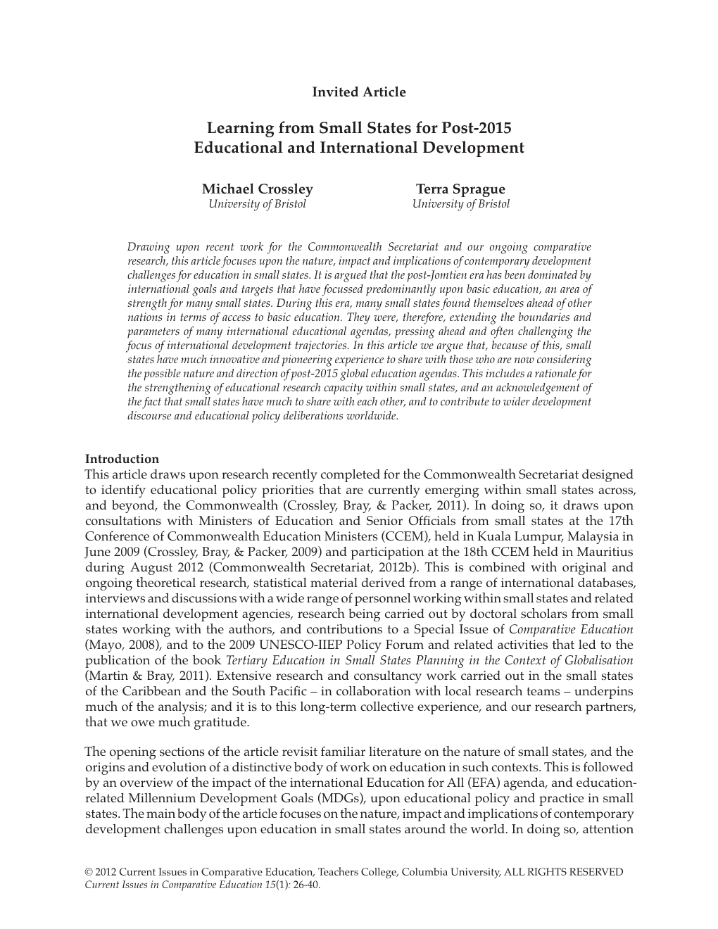 Learning from Small States for Post-2015 Educational and International Development