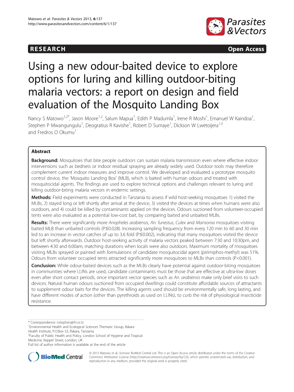 Using a New Odour-Baited Device to Explore Options for Luring and Killing Outdoor-Biting Malaria Vectors