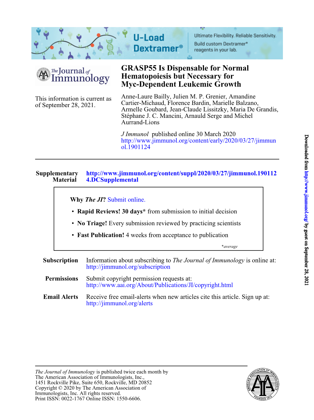 GRASP55 Is Dispensable for Normal Hematopoiesis but Necessary for Myc-Dependent Leukemic Growth