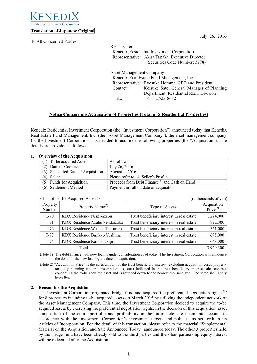 Notice Concerning Acquisition of Properties (Total of 5 Residential Properties)