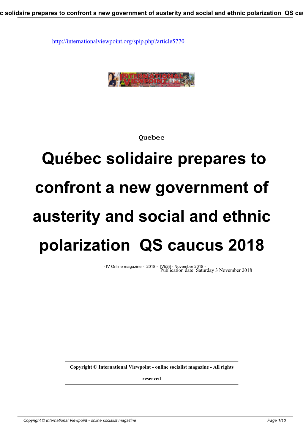 Québec Solidaire Prepares to Confront a New Government of Austerity and Social and Ethnic Polarization QS Caucus 2018