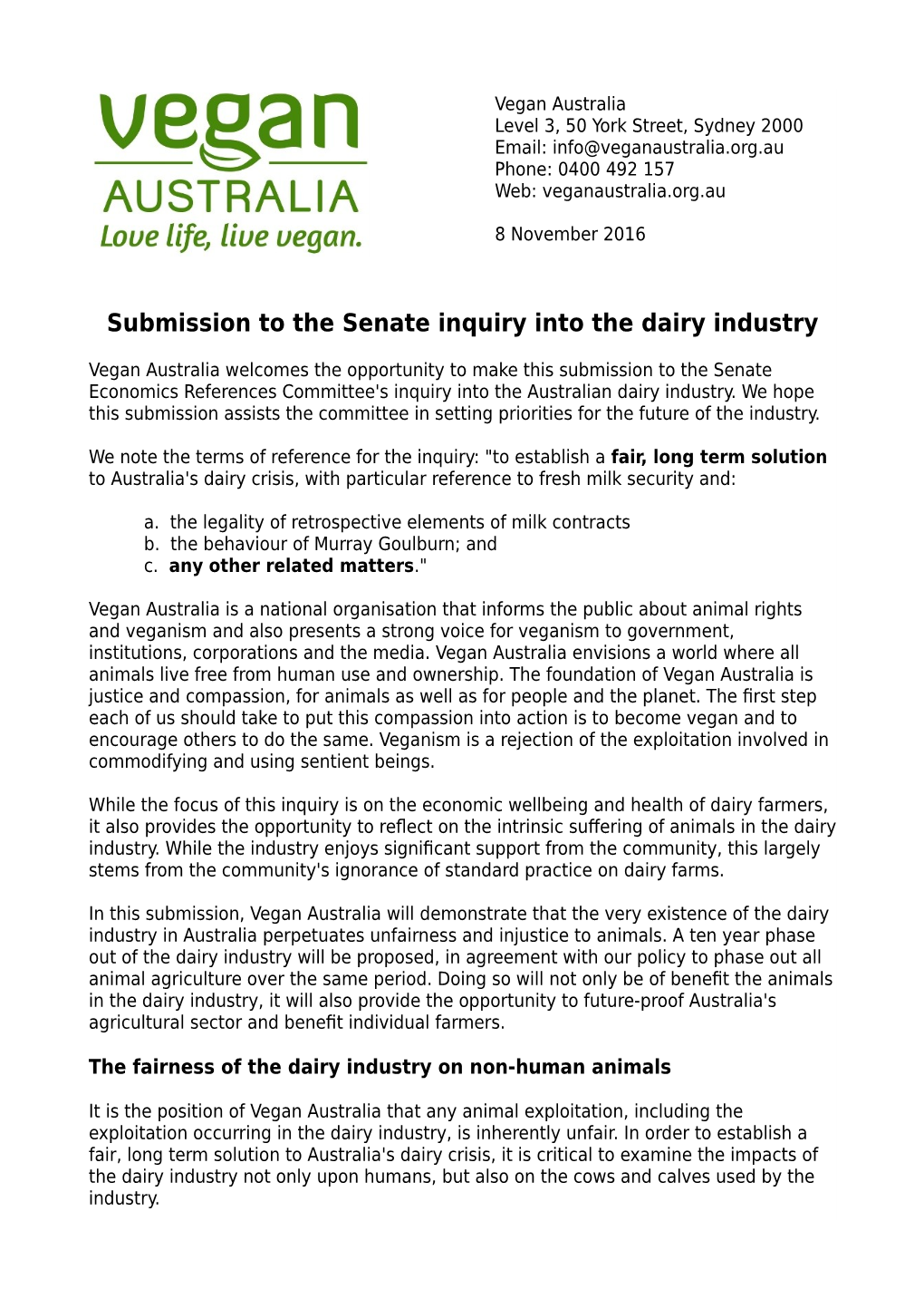 Submission to the Senate Inquiry Into the Dairy Industry