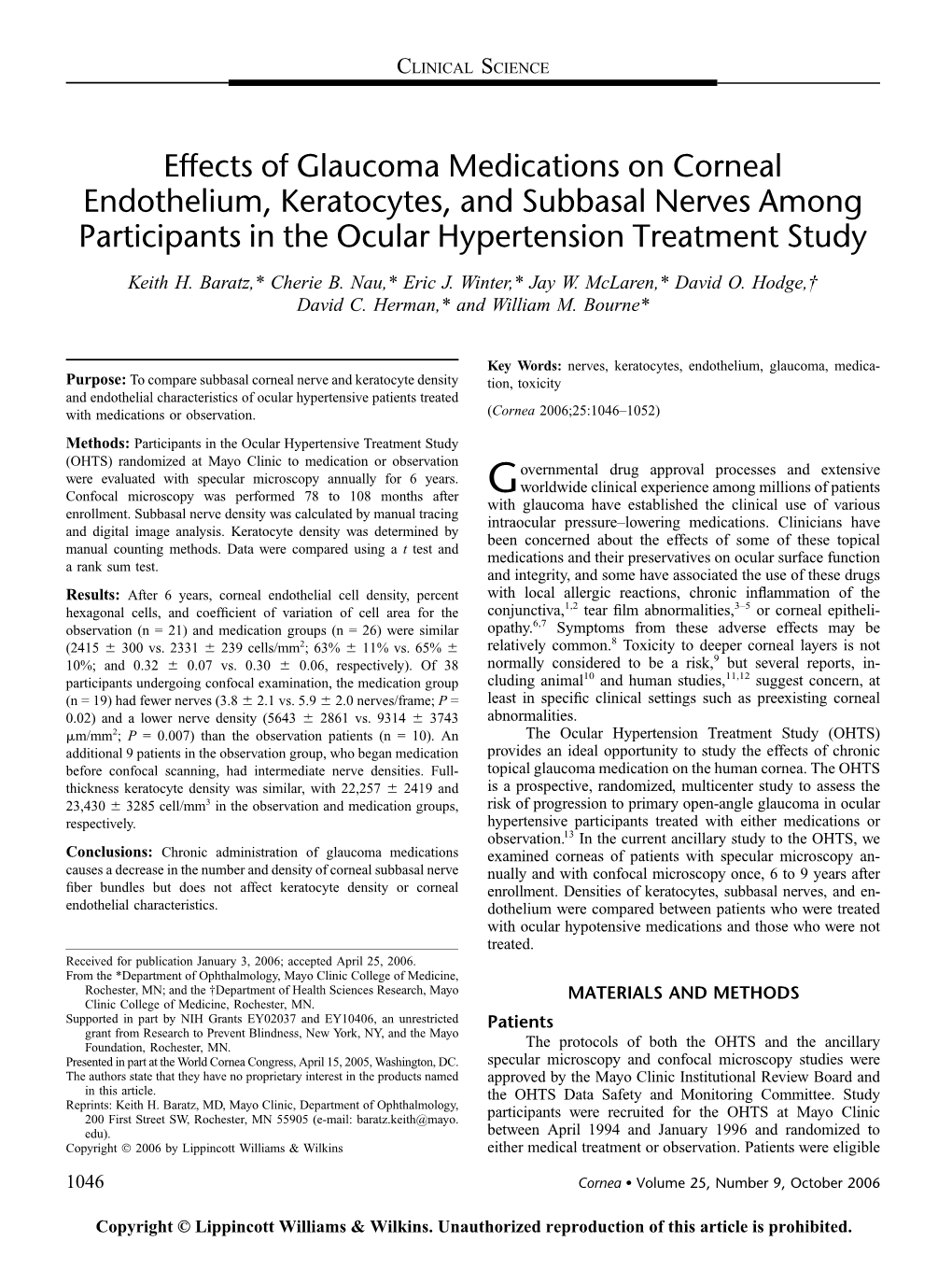 Effects of Glaucoma Medications on Corneal Endothelium, Keratocytes, and Subbasal Nerves Among Participants in the Ocular Hypertension Treatment Study Keith H