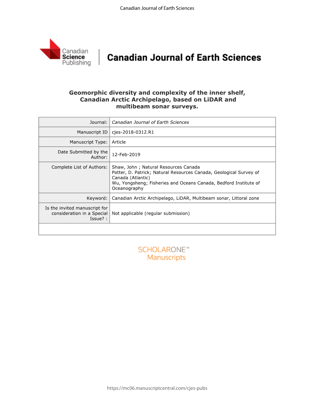 Geomorphic Diversity and Complexity of the Inner Shelf, Canadian Arctic Archipelago, Based on Lidar and Multibeam Sonar Surveys