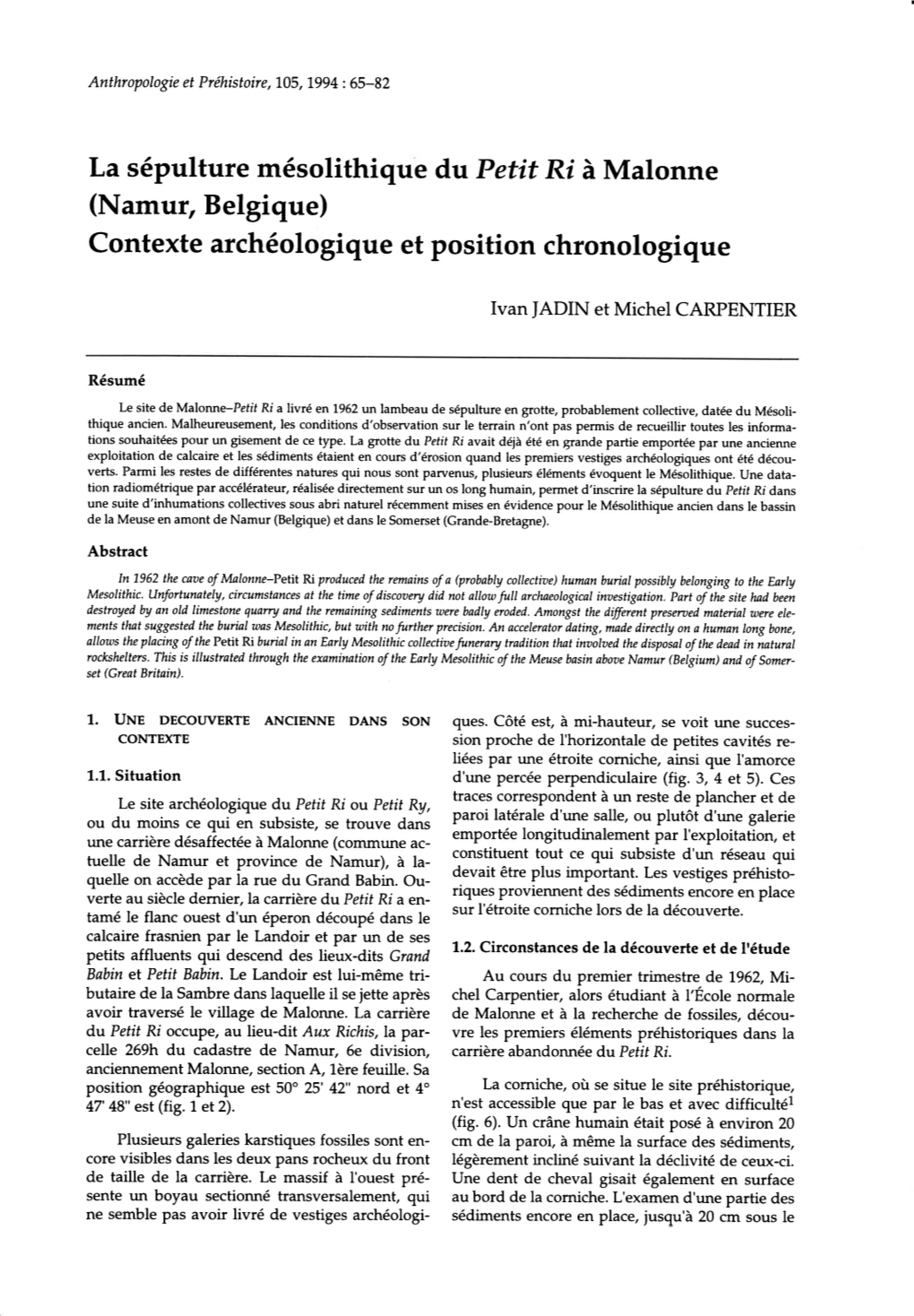 La Sépulture Mésolithique Du Petit Rt À Malonne (Namut, Belgique) Contextearchéologique Et Position Chronologique
