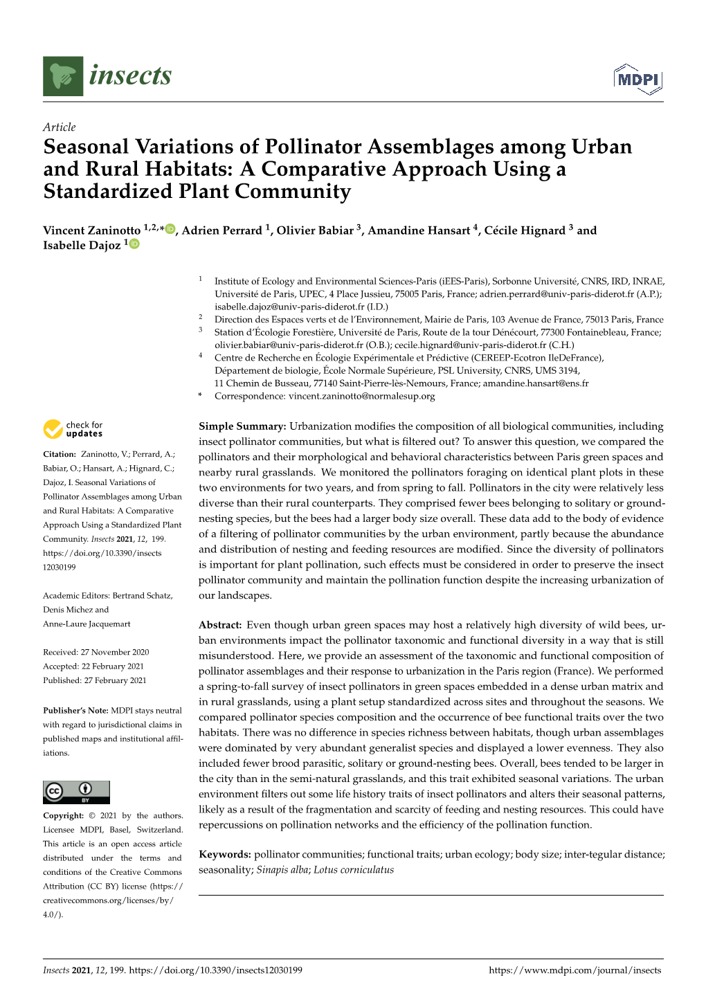 Seasonal Variations of Pollinator Assemblages Among Urban and Rural Habitats: a Comparative Approach Using a Standardized Plant Community