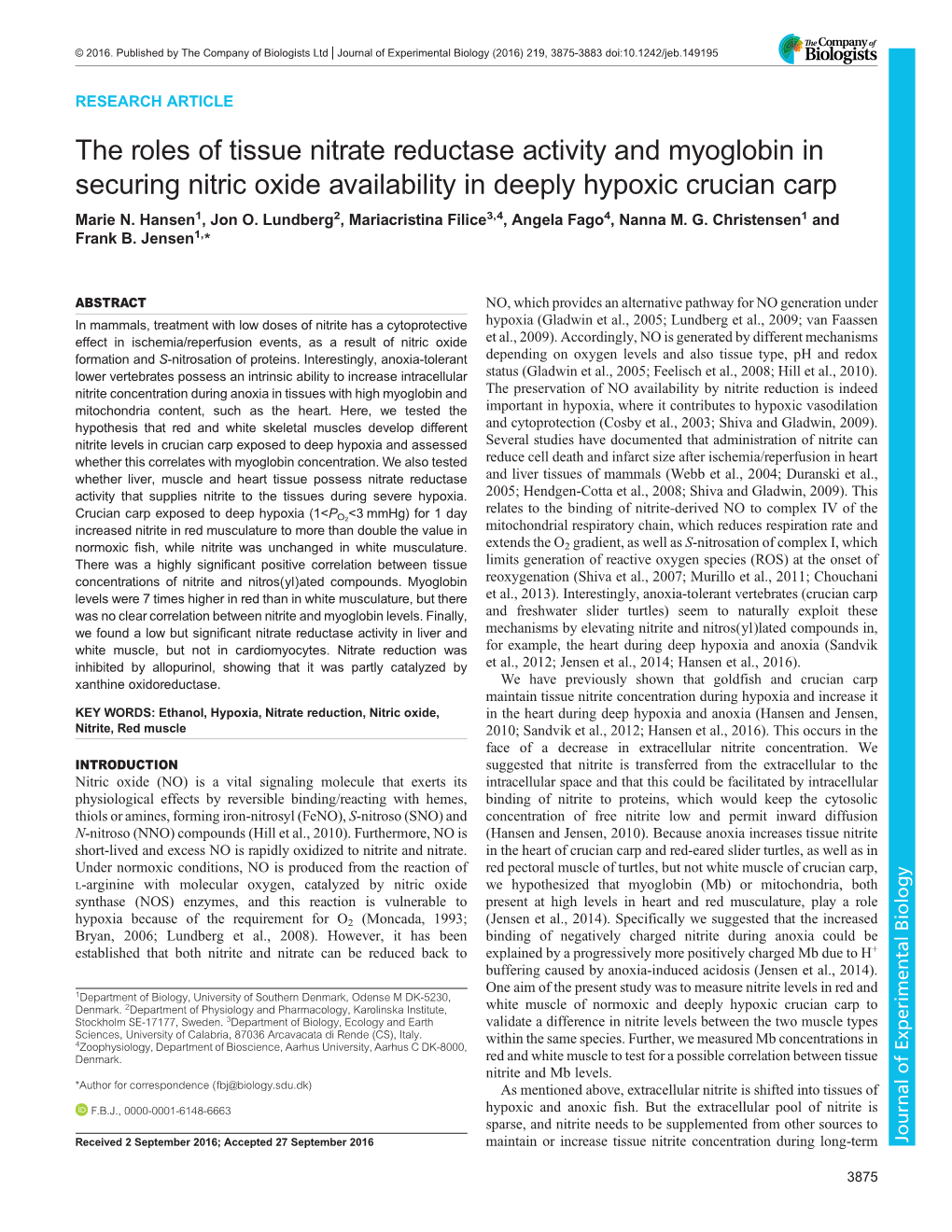 The Roles of Tissue Nitrate Reductase Activity and Myoglobin in Securing Nitric Oxide Availability in Deeply Hypoxic Crucian Carp Marie N