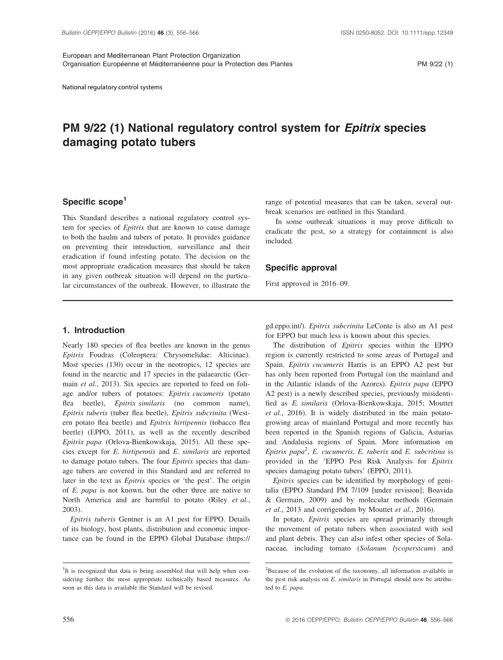National Regulatory Control System for Epitrix Species Damaging Potato Tubers