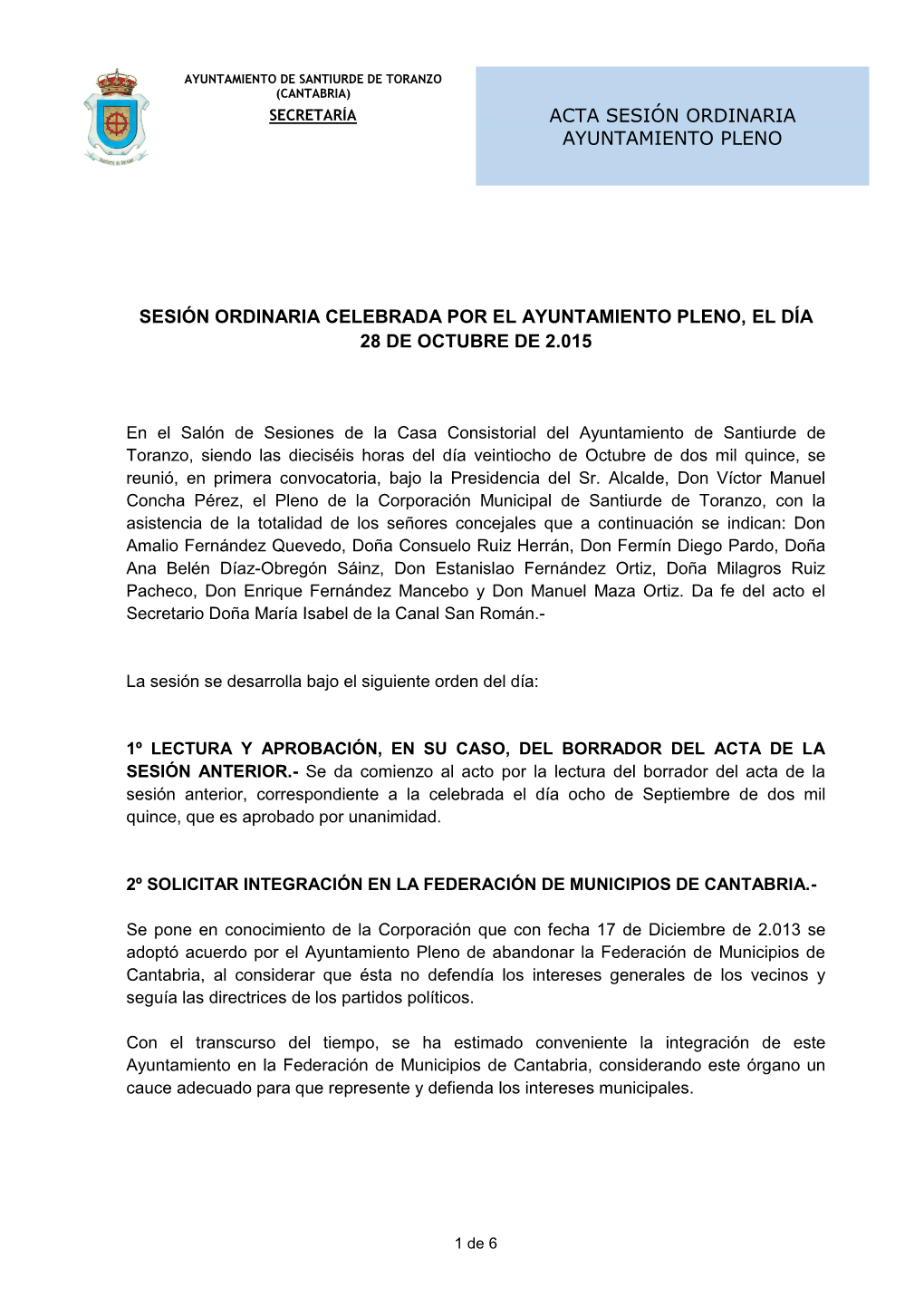 Acta Sesión Ordinaria Ayuntamiento Pleno