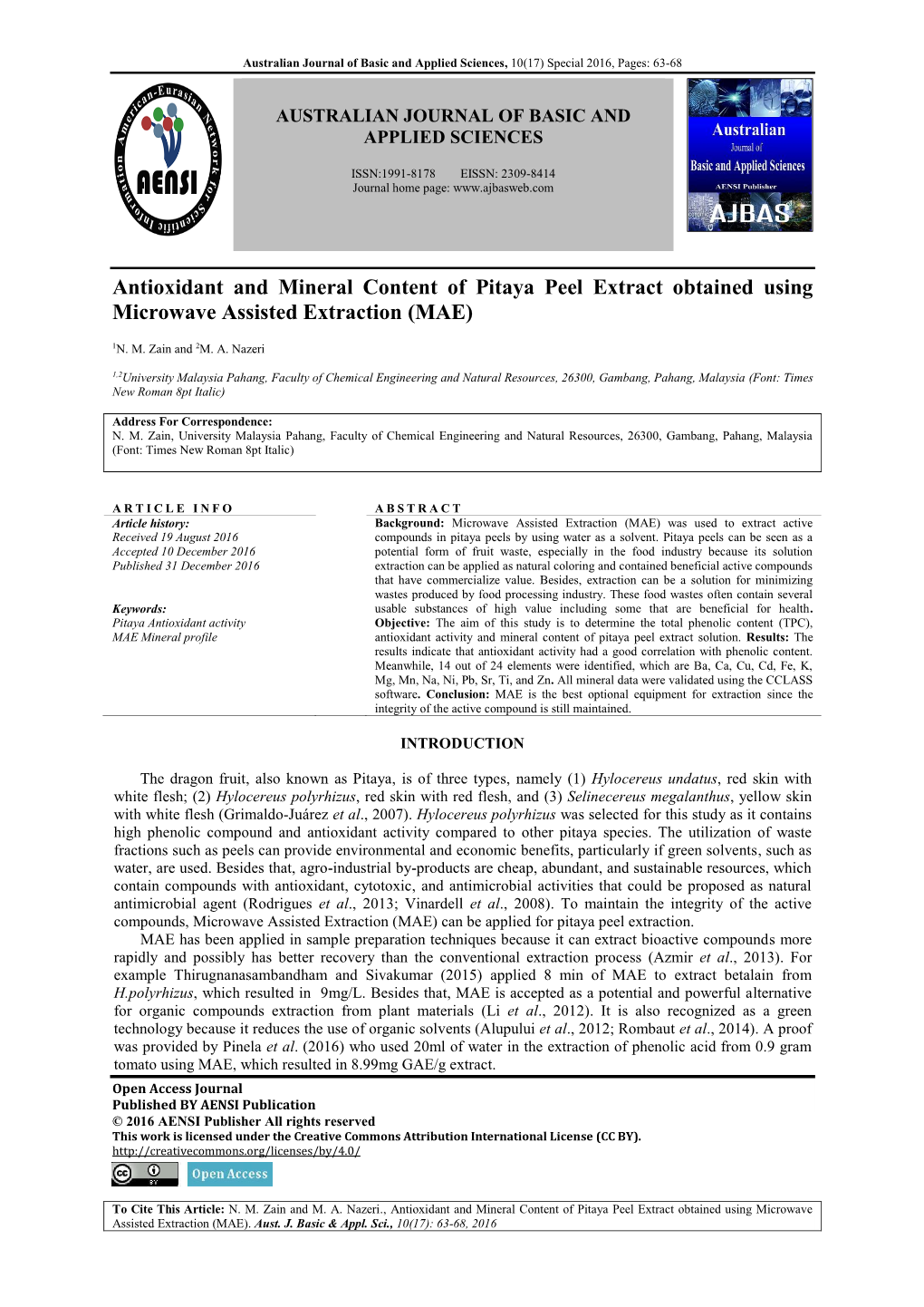 Antioxidant and Mineral Content of Pitaya Peel Extract Obtained Using Microwave Assisted Extraction (MAE)