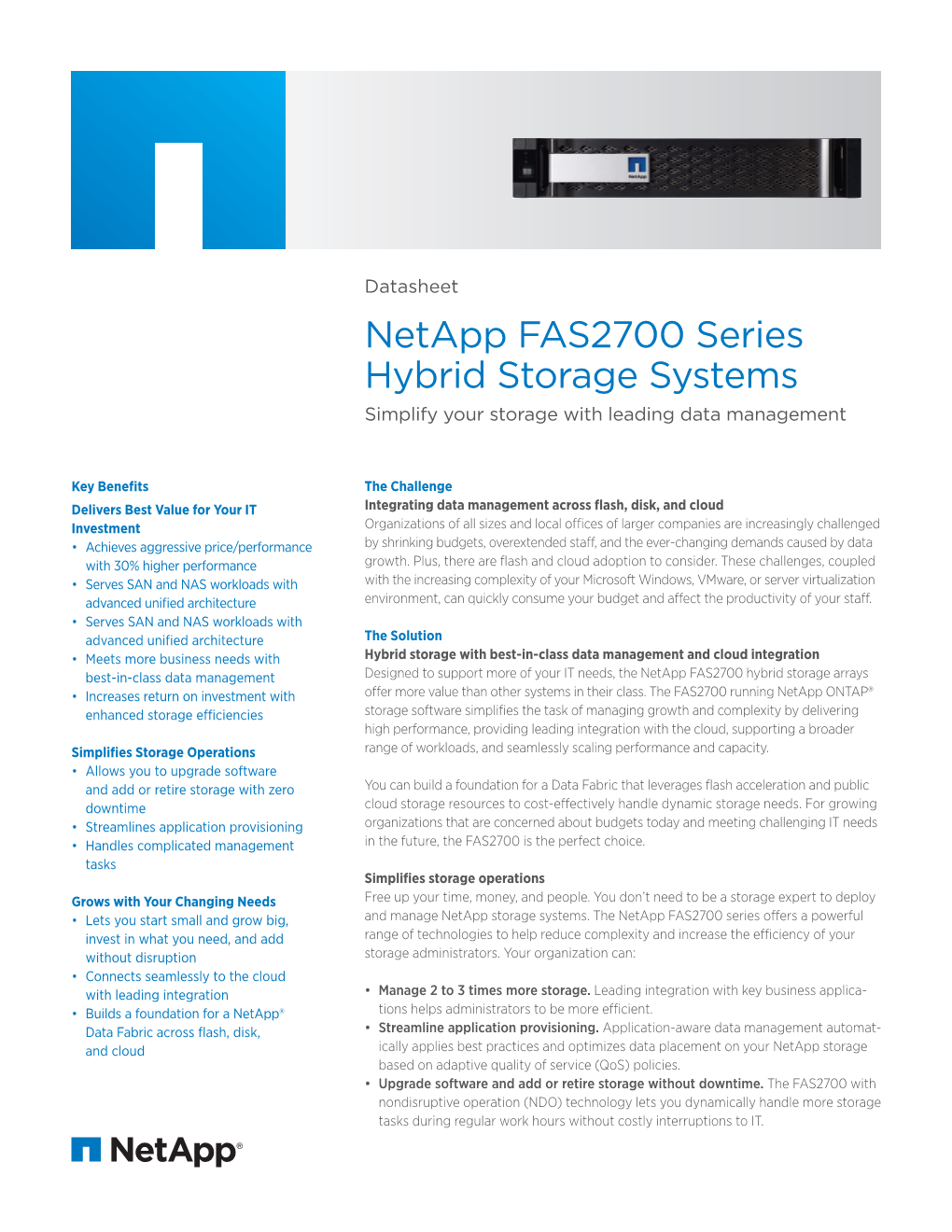 Netapp FAS2700 Series Hybrid Storage Systems Simplify Your Storage with Leading Data Management