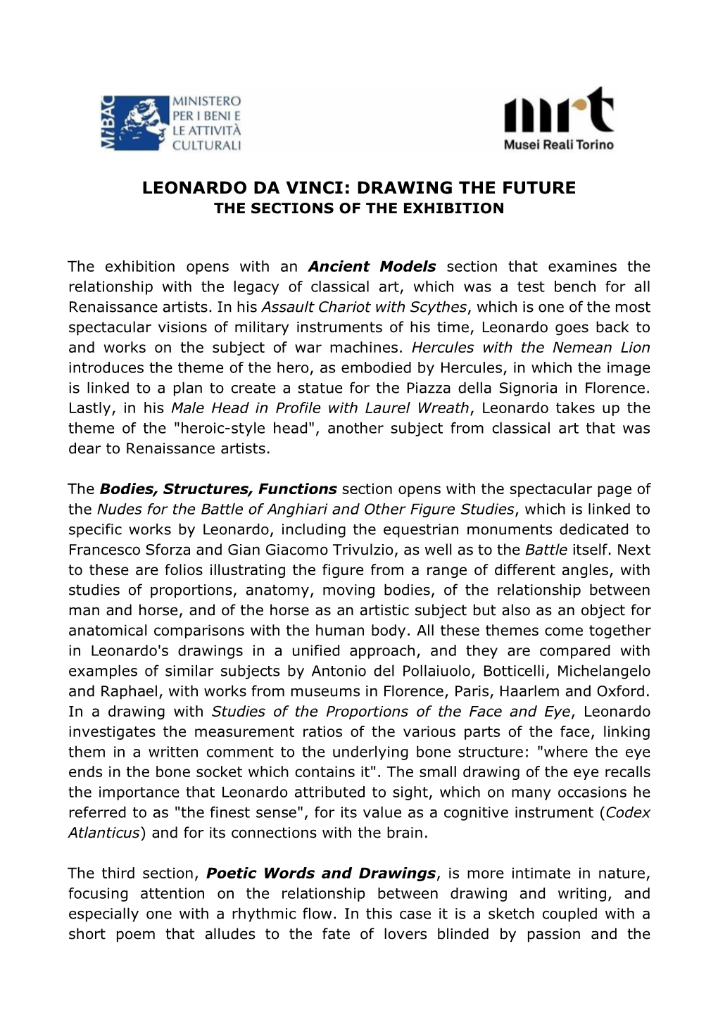 Leonardo Da Vinci: Drawing the Future the Sections of the Exhibition