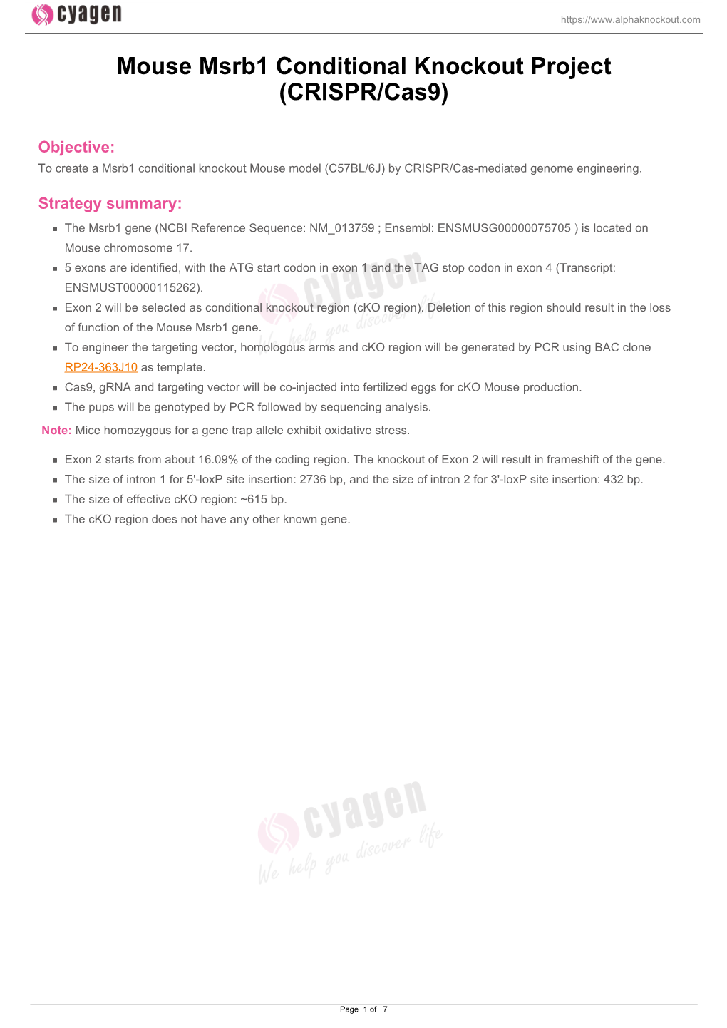 Mouse Msrb1 Conditional Knockout Project (CRISPR/Cas9)