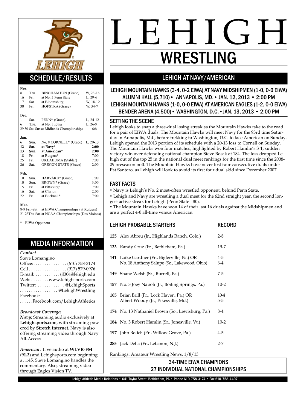 Wrestling Schedule/Results Lehigh at Navy/American