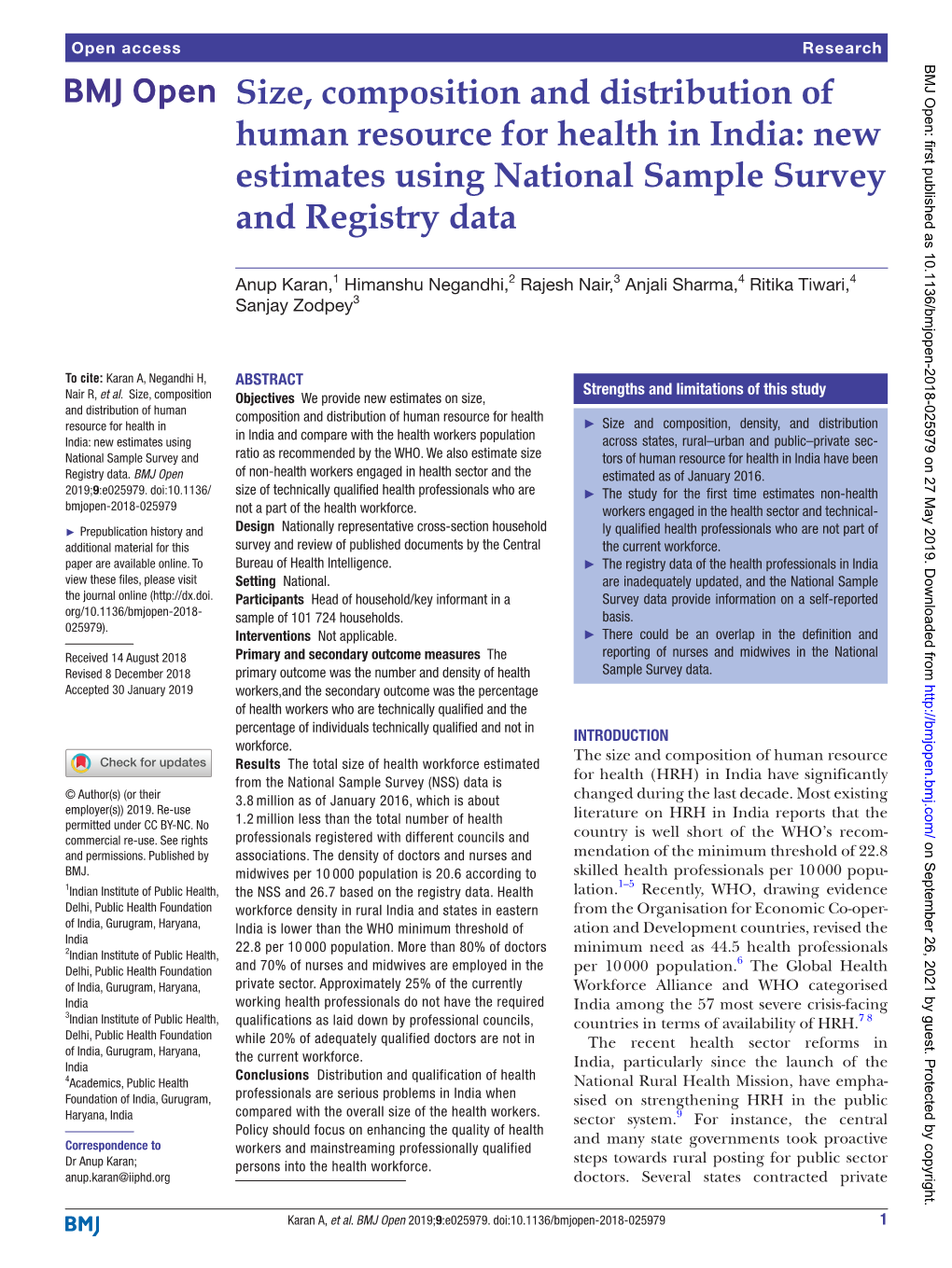 Size, Composition and Distribution of Human Resource for Health in India: New Estimates Using National Sample Survey and Registry Data