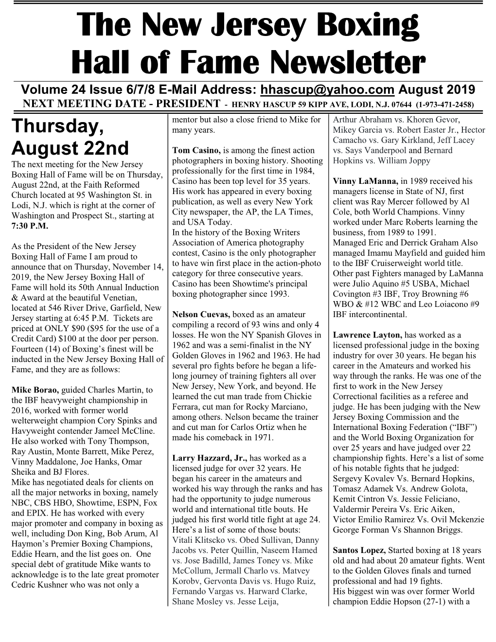 N.J. Boxing Hall of Fame Newsletter August 2019