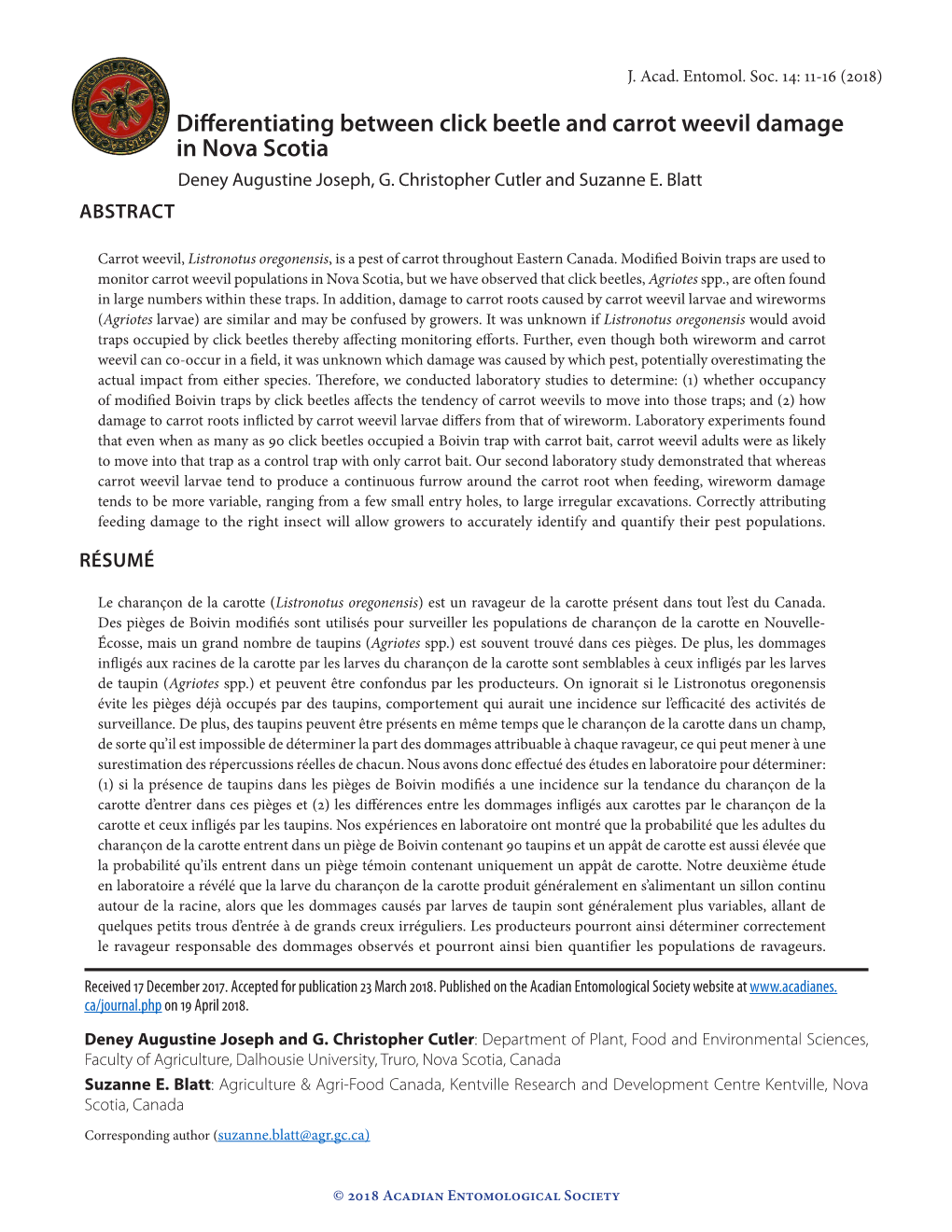 Differentiating Between Click Beetle and Carrot Weevil Damage in Nova Scotia Deney Augustine Joseph, G