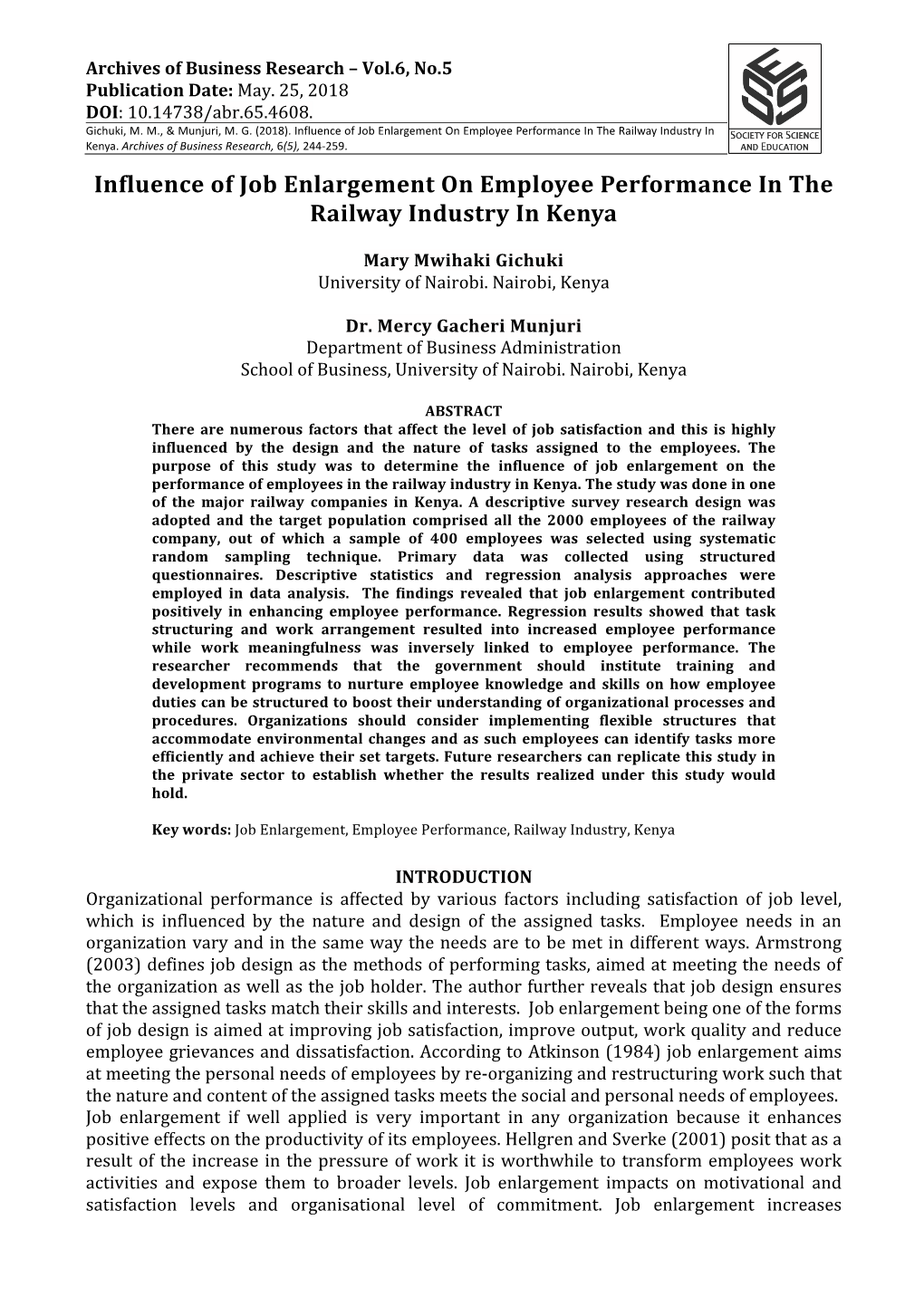 Influence of Job Enlargement on Employee Performance in the Railway Industry in Kenya