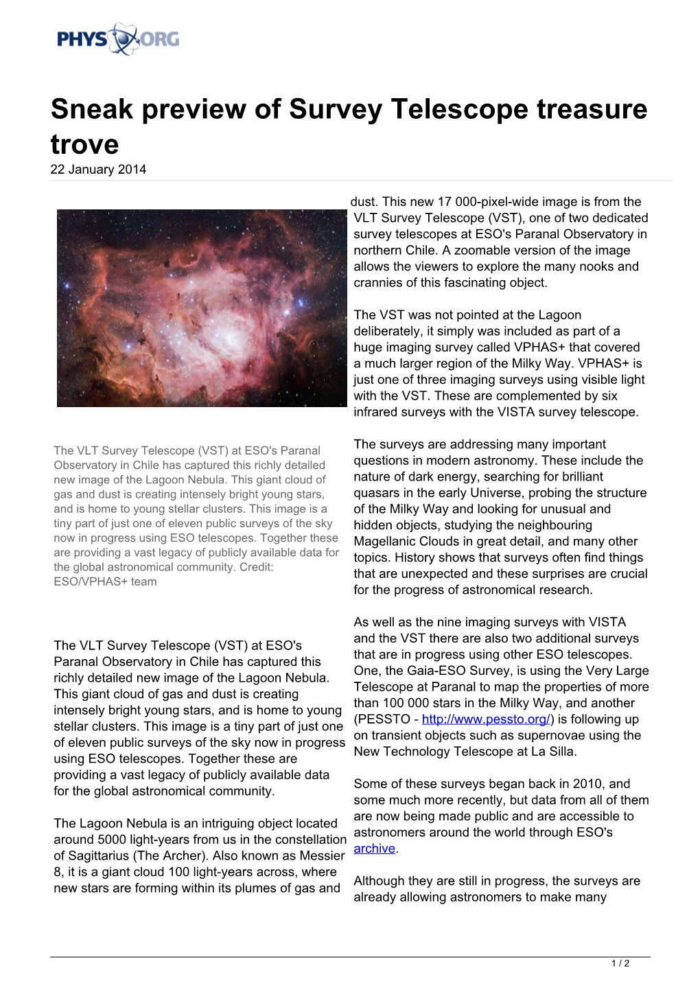 Sneak Preview of Survey Telescope Treasure Trove 22 January 2014