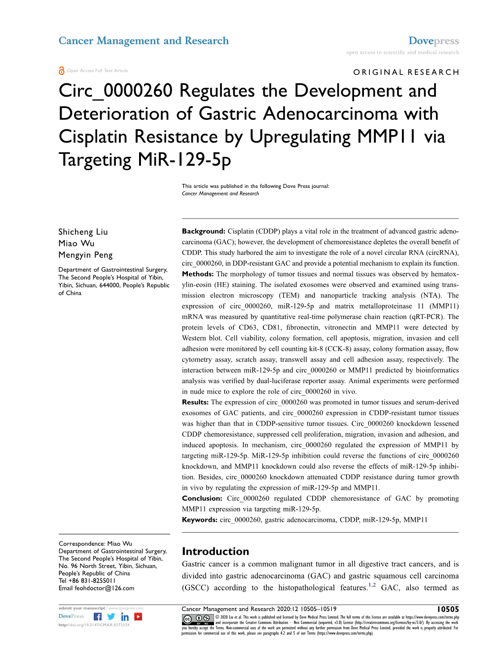 Circ 0000260 Regulates the Development and Deterioration of Gastric Adenocarcinoma with Cisplatin Resistance by Upregulating MMP11 Via Targeting Mir-129-5P