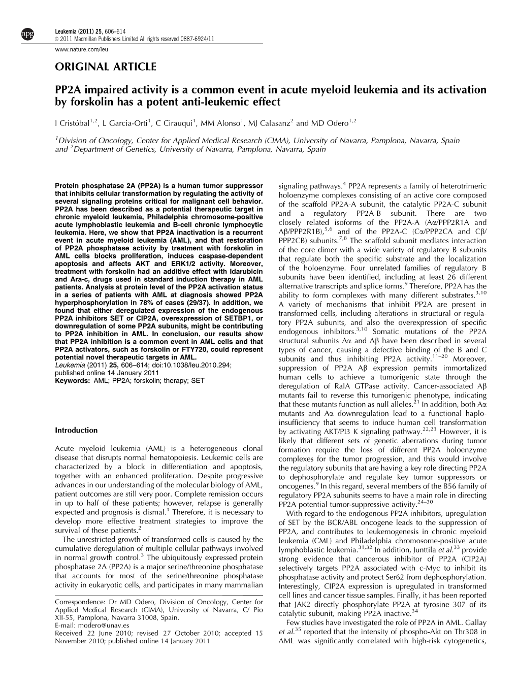 PP2A Impaired Activity Is a Common Event in Acute Myeloid Leukemia and Its Activation by Forskolin Has a Potent Anti-Leukemic Effect