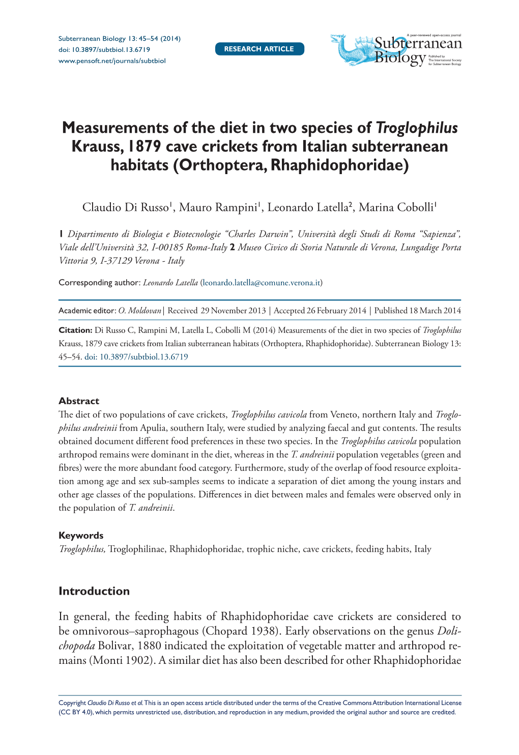 Measurements of the Diet in Two Species of Troglophilus Krauss, 1879 Cave Crickets from Italian Subterranean Habitats (Orthoptera, Rhaphidophoridae)