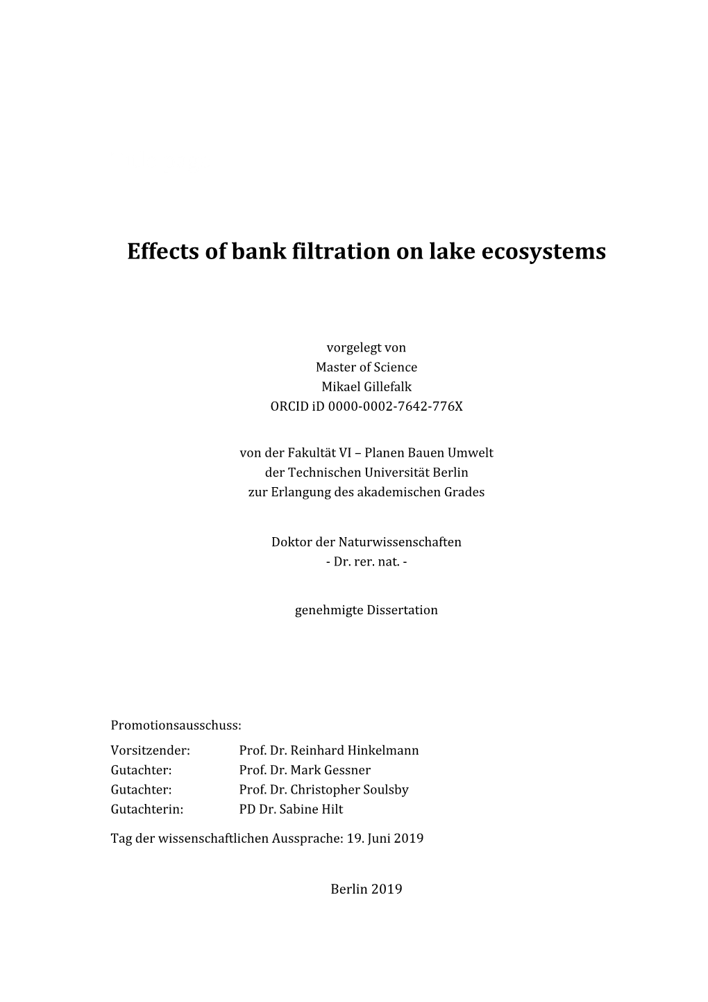 Effects of Bank Filtration on Lake Ecosystems