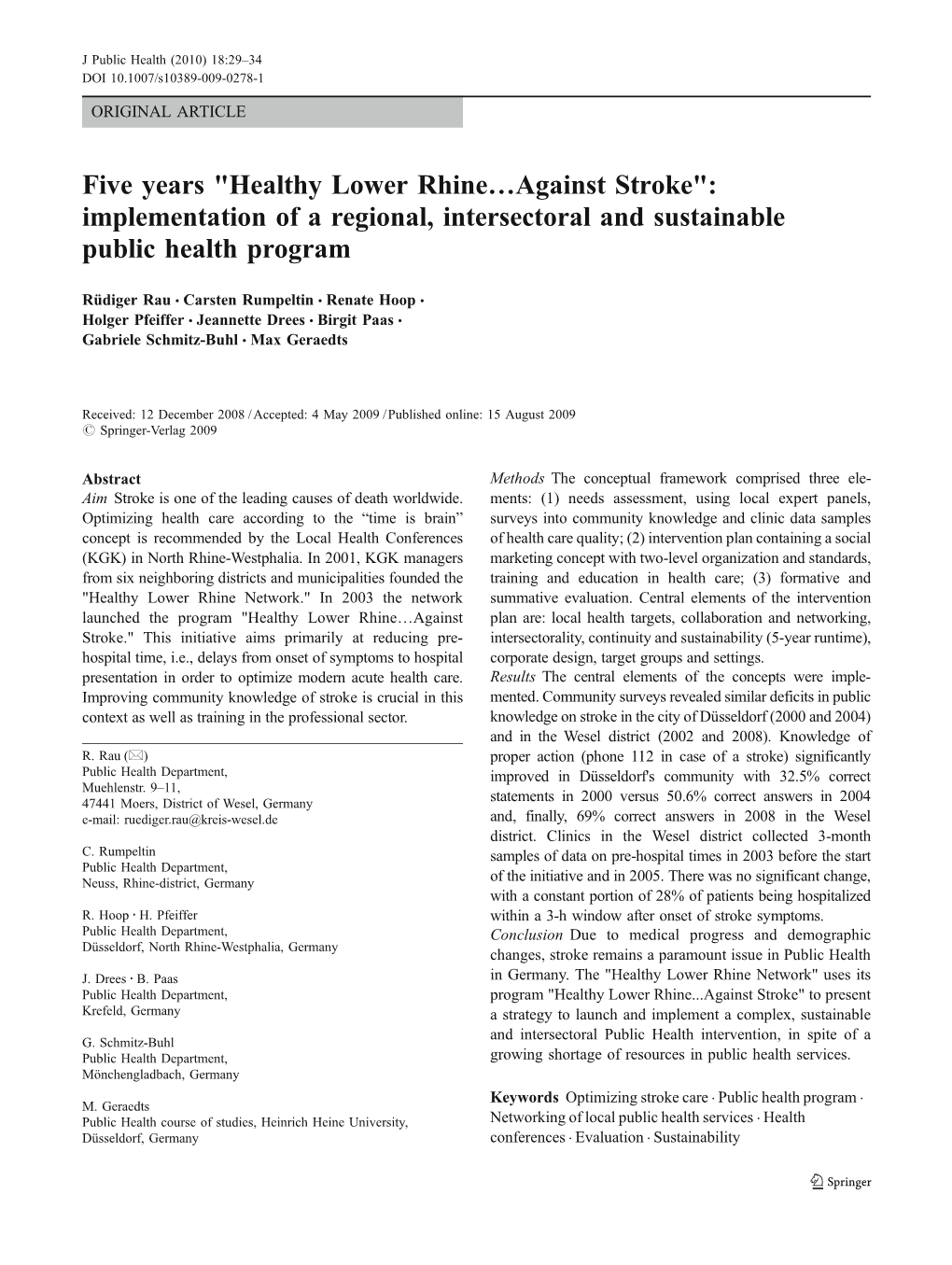 "Healthy Lower Rhine…Against Stroke": Implementation of a Regional, Intersectoral and Sustainable Public Health Program