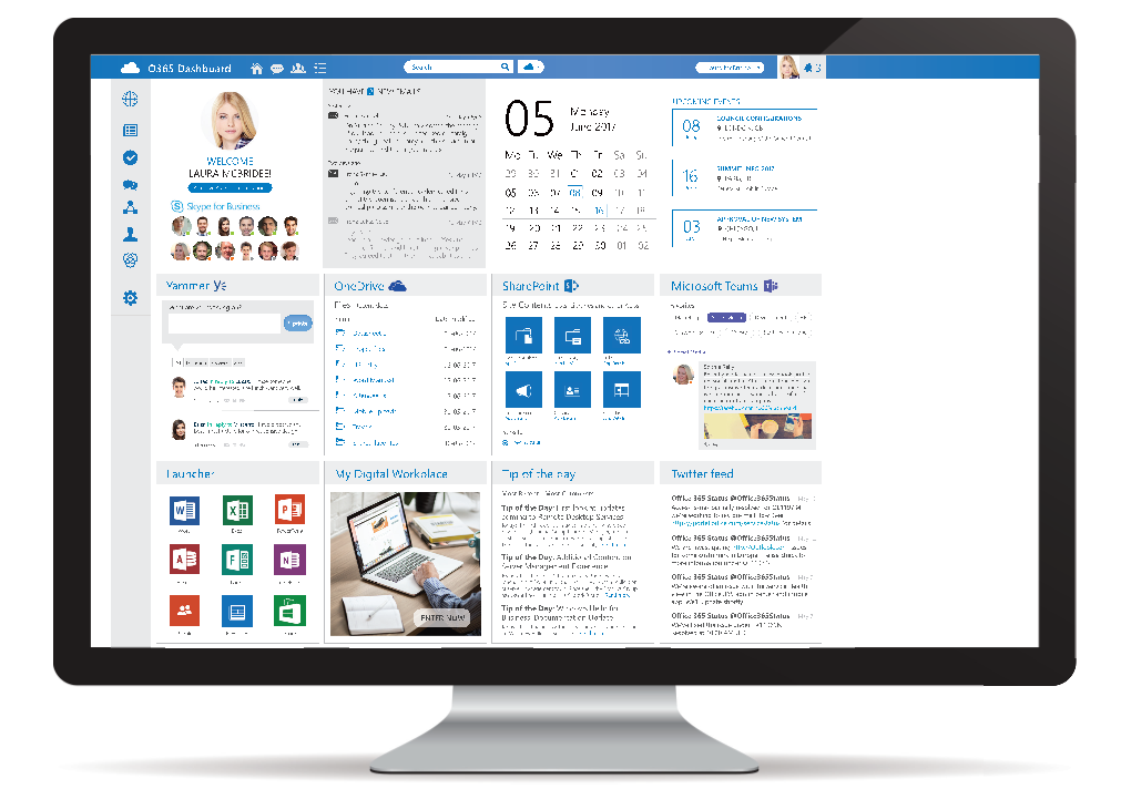 Launcher Sharepoint Microsoft Teams Yammer Tip of the Day Twitter Feed Onedrive My Digital Workplace