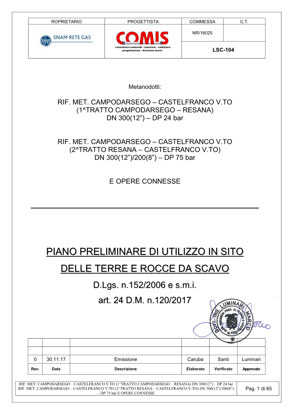 PIANO PRELIMINARE DI UTILIZZO in SITO DELLE TERRE E ROCCE DA SCAVO D.Lgs