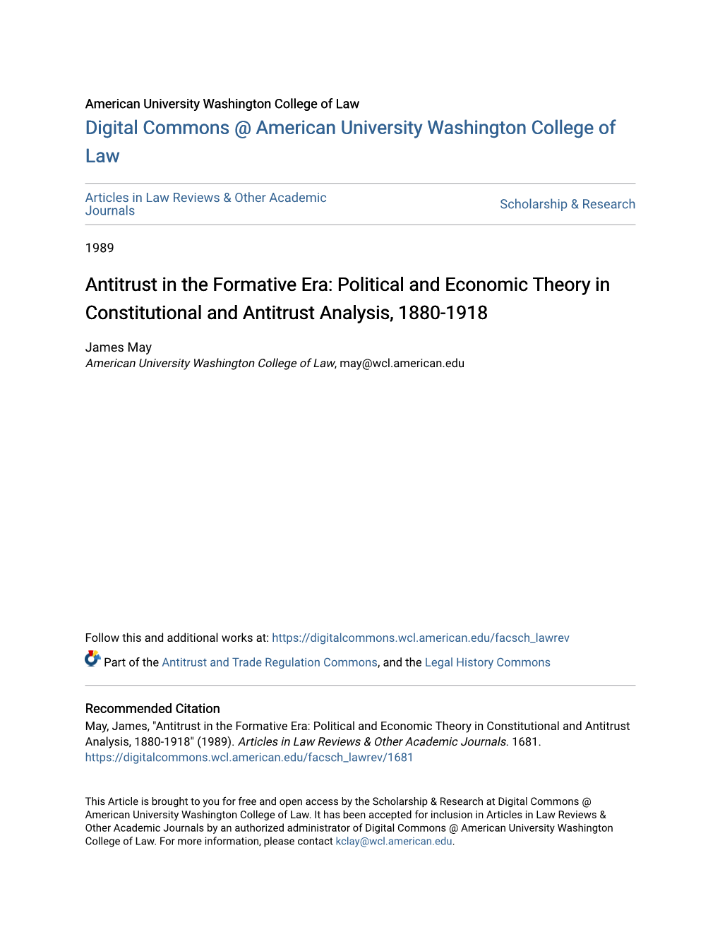 Political and Economic Theory in Constitutional and Antitrust Analysis, 1880-1918