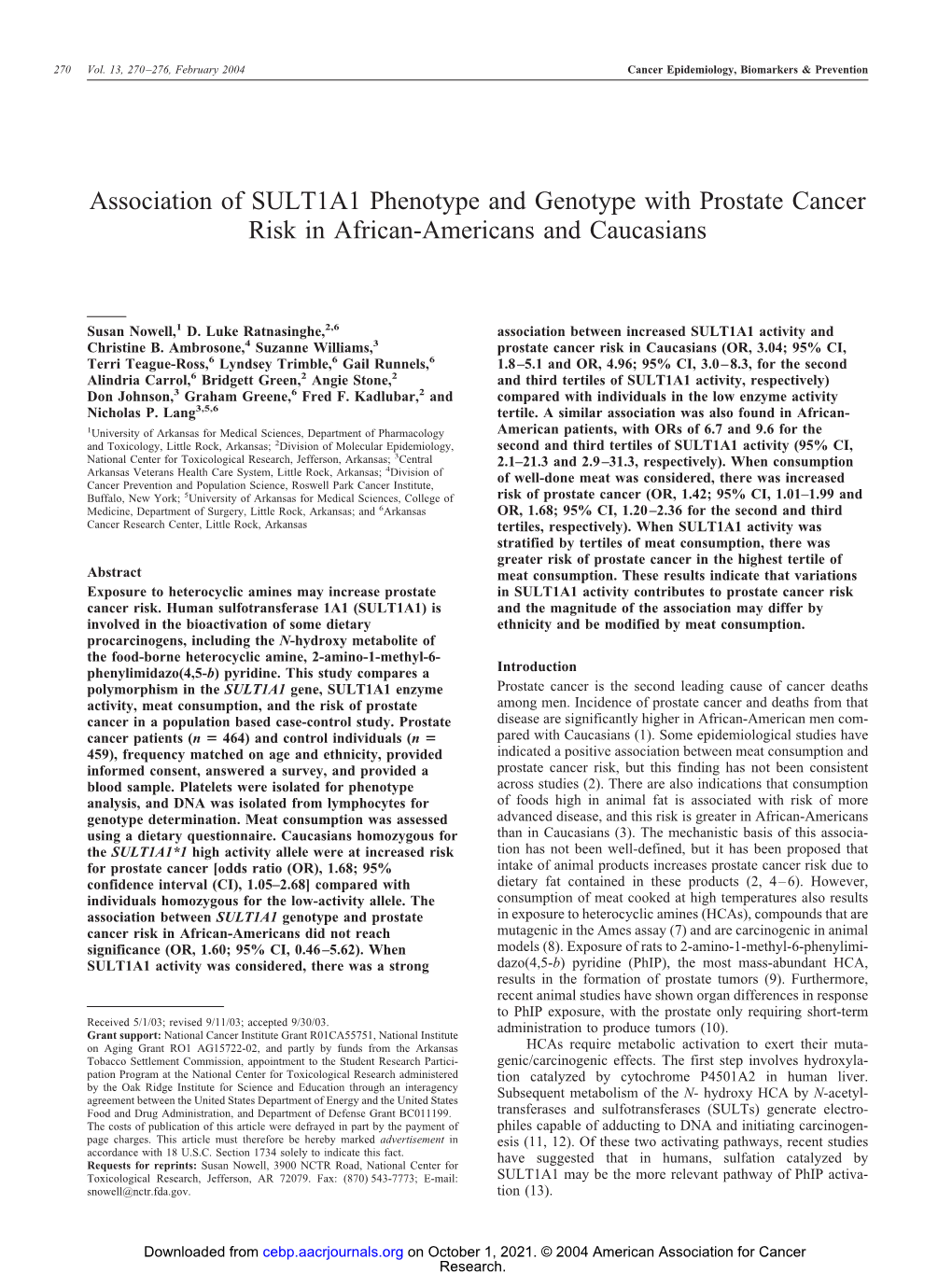 Association of SULT1A1 Phenotype and Genotype with Prostate Cancer Risk in African-Americans and Caucasians